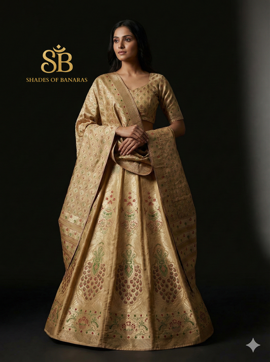 Sandstone Grace Luxe Couture — Beige Banarasi Silk Lehenga by Shades Of Banaras - banarasi - banarasi saree shop - banarasi saree manufacturers - banarasi saree wholesale - banaraasi sarees