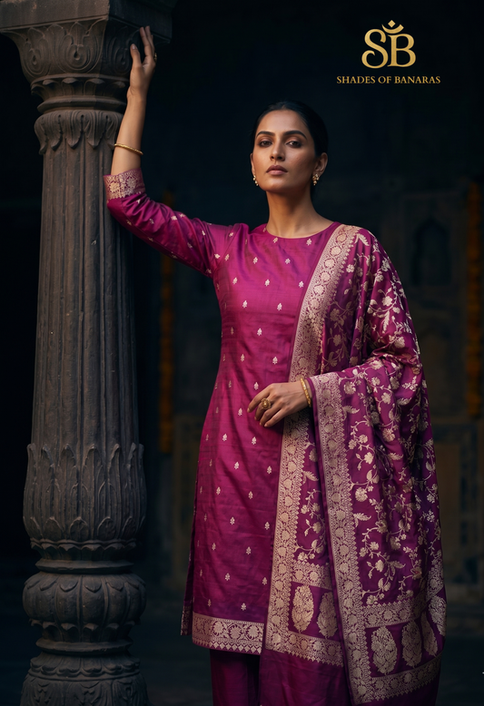 The Magenta Sovereign: Luxe Pure Banarasi Silk Kadhua Suit with Dense Gold Jaal