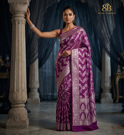 Royal Purple Handwoven Zari Stripe Luxe Banarasi Saree