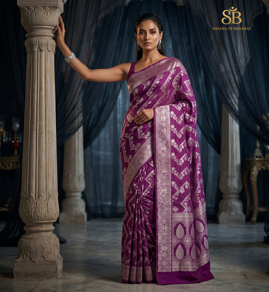 Royal Purple Handwoven Zari Stripe Luxe Banarasi Saree