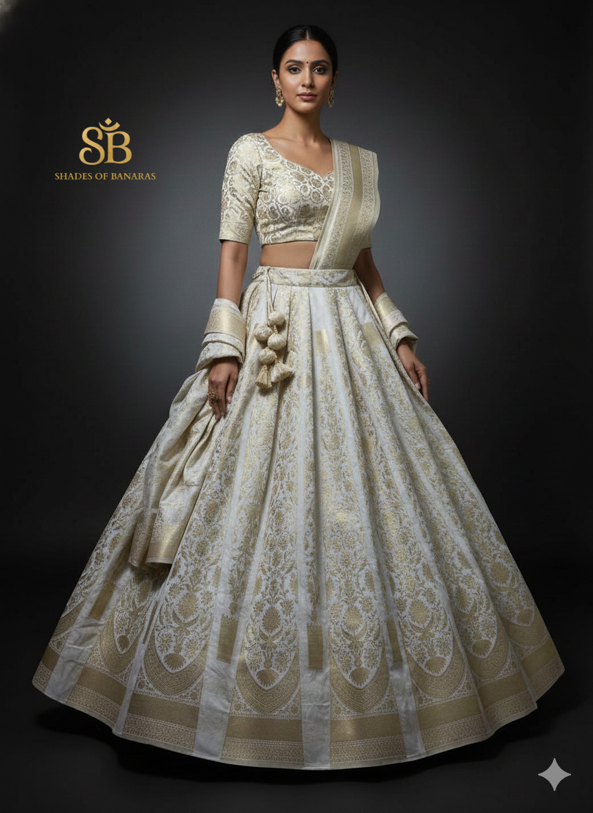 Celeste Dyeable Luxe Couture — White Banarasi Silk Lehenga by Shades Of Banaras - banarasi - banarasi saree shop - banarasi saree manufacturers - banarasi saree wholesale - banaraasi sarees