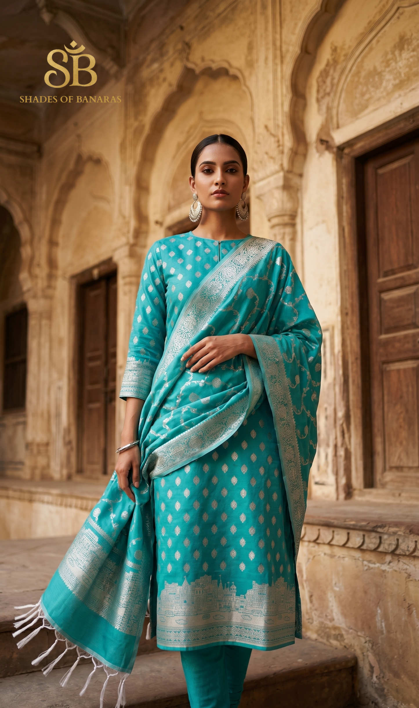 The Eternal Ghats: Sea Green Handloom Katan Silk Unstitched Suit Set by Shades Of Banaras - banarasi - banarasi saree shop - banarasi saree manufacturers - banarasi saree wholesale - banaraasi sarees - banarasi sari - banarasi saris - silk saree - silk sari - wedding saree - wedding sari - designer sari - wedding collection - gifting