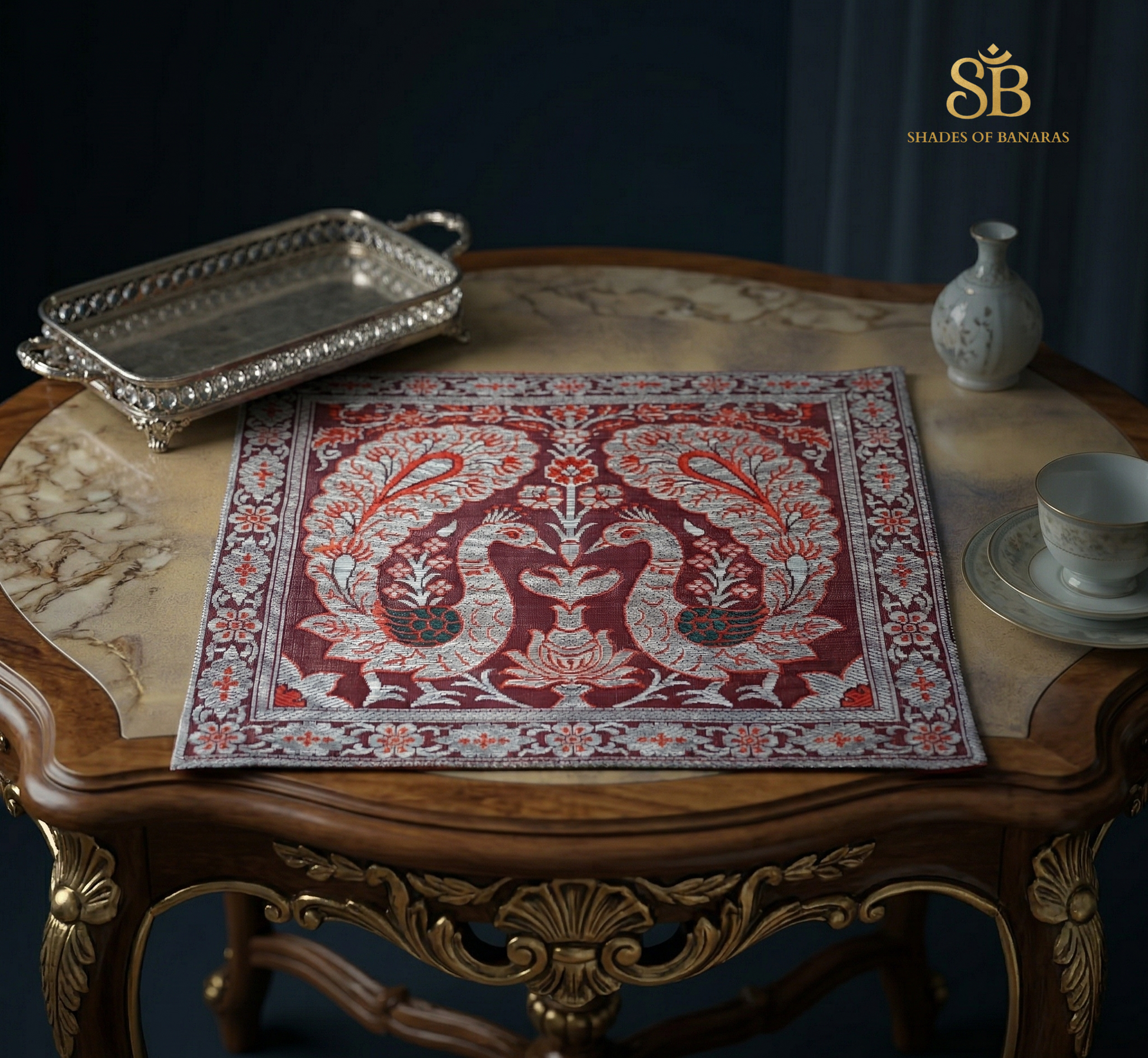 The Heirloom Crimson Couture: Pure Banarasi Dupion Silk Petit Table Mat by Shades Of Banaras - banarasi - banarasi saree shop - banarasi saree manufacturers - banarasi saree wholesale - banaraasi sarees - banarasi sari - banarasi saris - silk saree - silk sari - wedding saree - wedding sari - designer sari - wedding collection - gifting