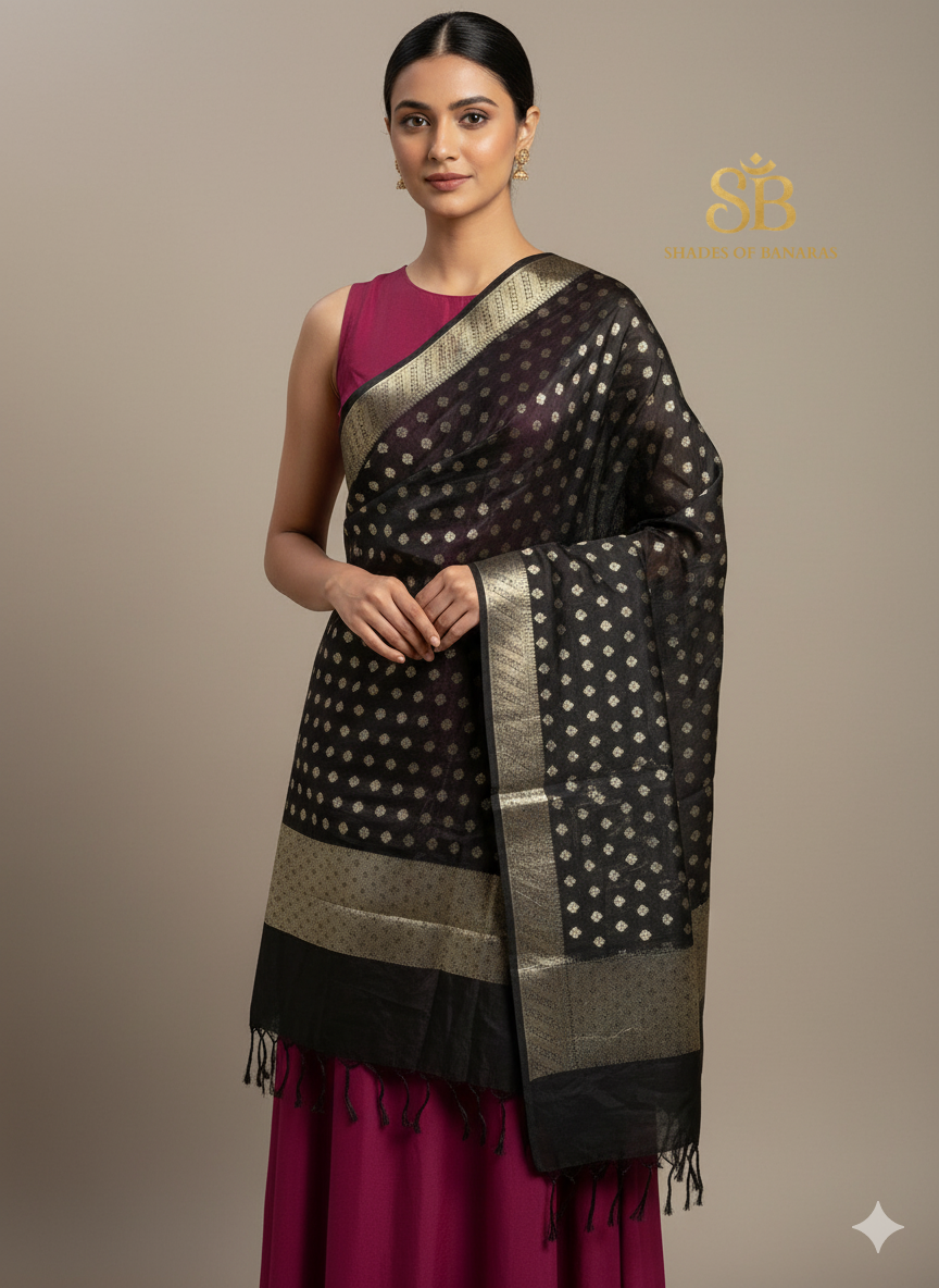 Timeless Elegance: Black Handloom Cotton Silk Banarasi Dupatta by Shades Of Banaras - banarasi - banarasi saree shop - banarasi saree manufacturers - banarasi saree wholesale - banaraasi sarees