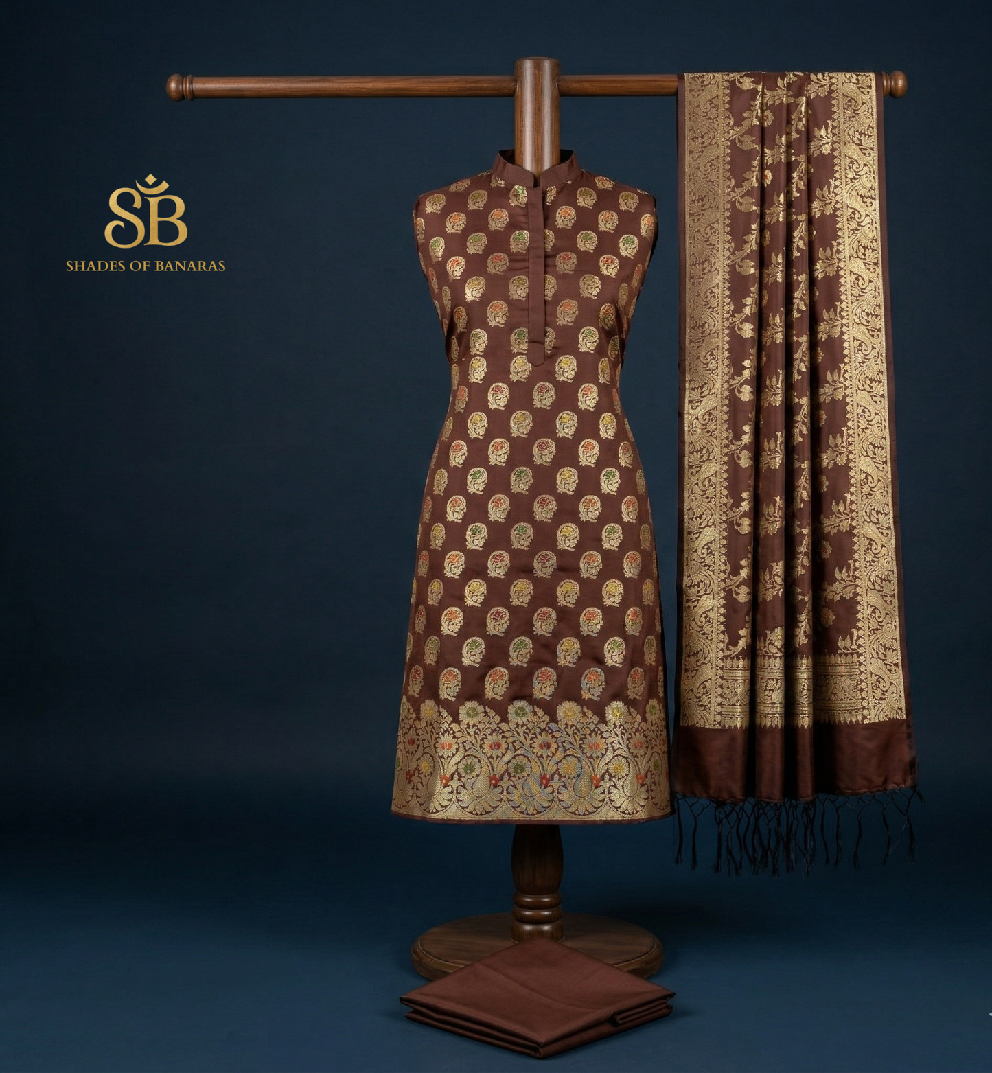 The Cocoa Heritage: Imperial Brown Banarasi Katan Soft Silk Suit Set by Shades Of Banaras - banarasi - banarasi saree shop - banarasi saree manufacturers - banarasi saree wholesale - banaraasi sarees - banarasi sari - banarasi saris - silk saree - silk sari - wedding saree - wedding sari - designer sari - wedding collection - gifting