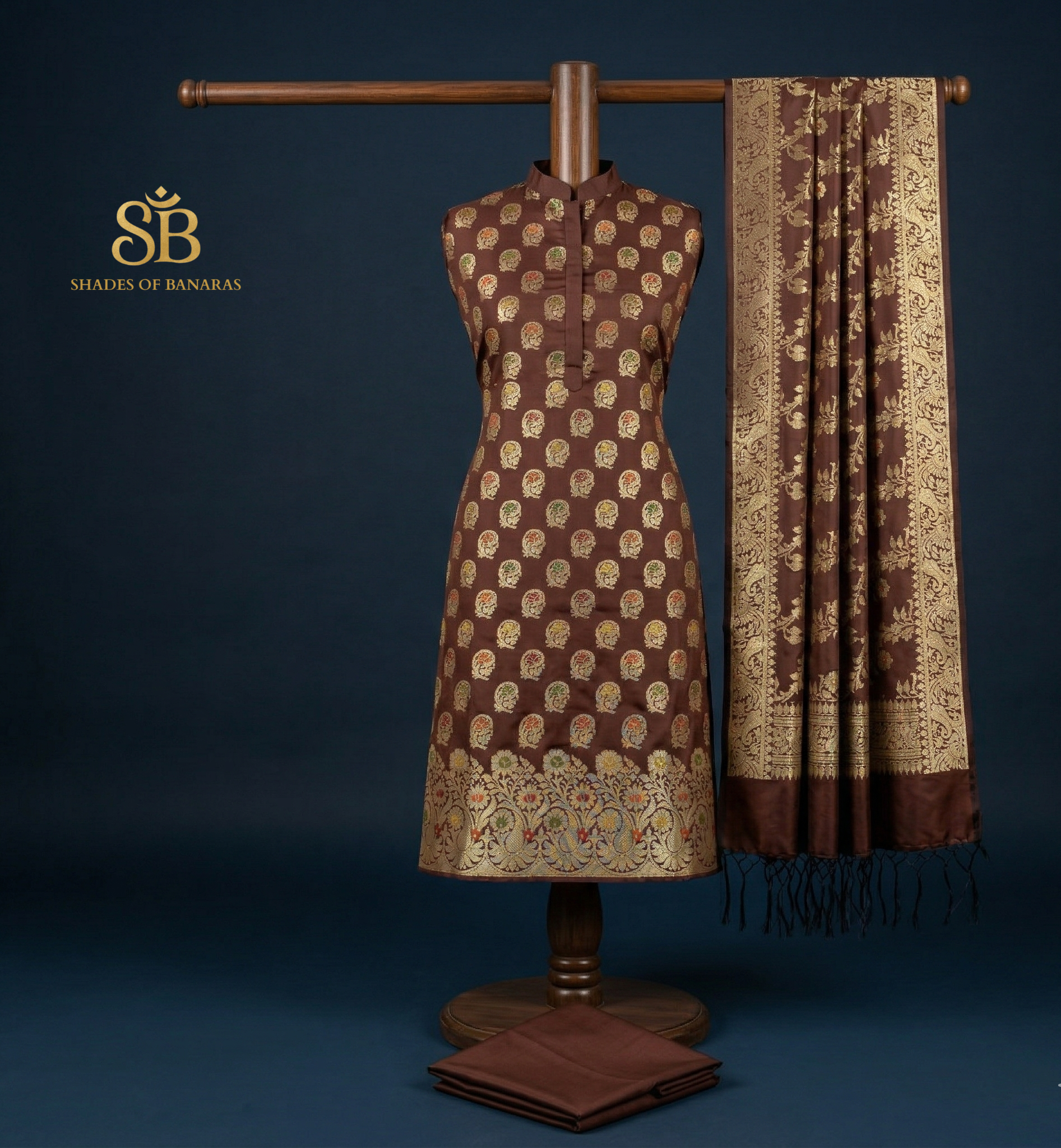 The Cocoa Heritage: Imperial Brown Banarasi Katan Soft Silk Suit Set by Shades Of Banaras - banarasi - banarasi saree shop - banarasi saree manufacturers - banarasi saree wholesale - banaraasi sarees - banarasi sari - banarasi saris - silk saree - silk sari - wedding saree - wedding sari - designer sari - wedding collection - gifting