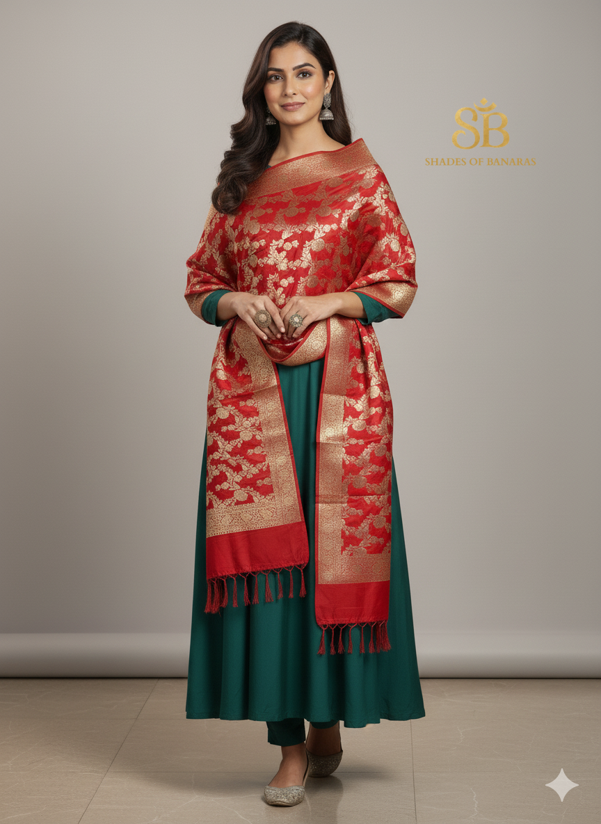 The Soul of Banaras: Red Handloom Cotton Silk Banarasi Dupatta by Shades Of Banaras - banarasi - banarasi saree shop - banarasi saree manufacturers - banarasi saree wholesale - banaraasi sarees