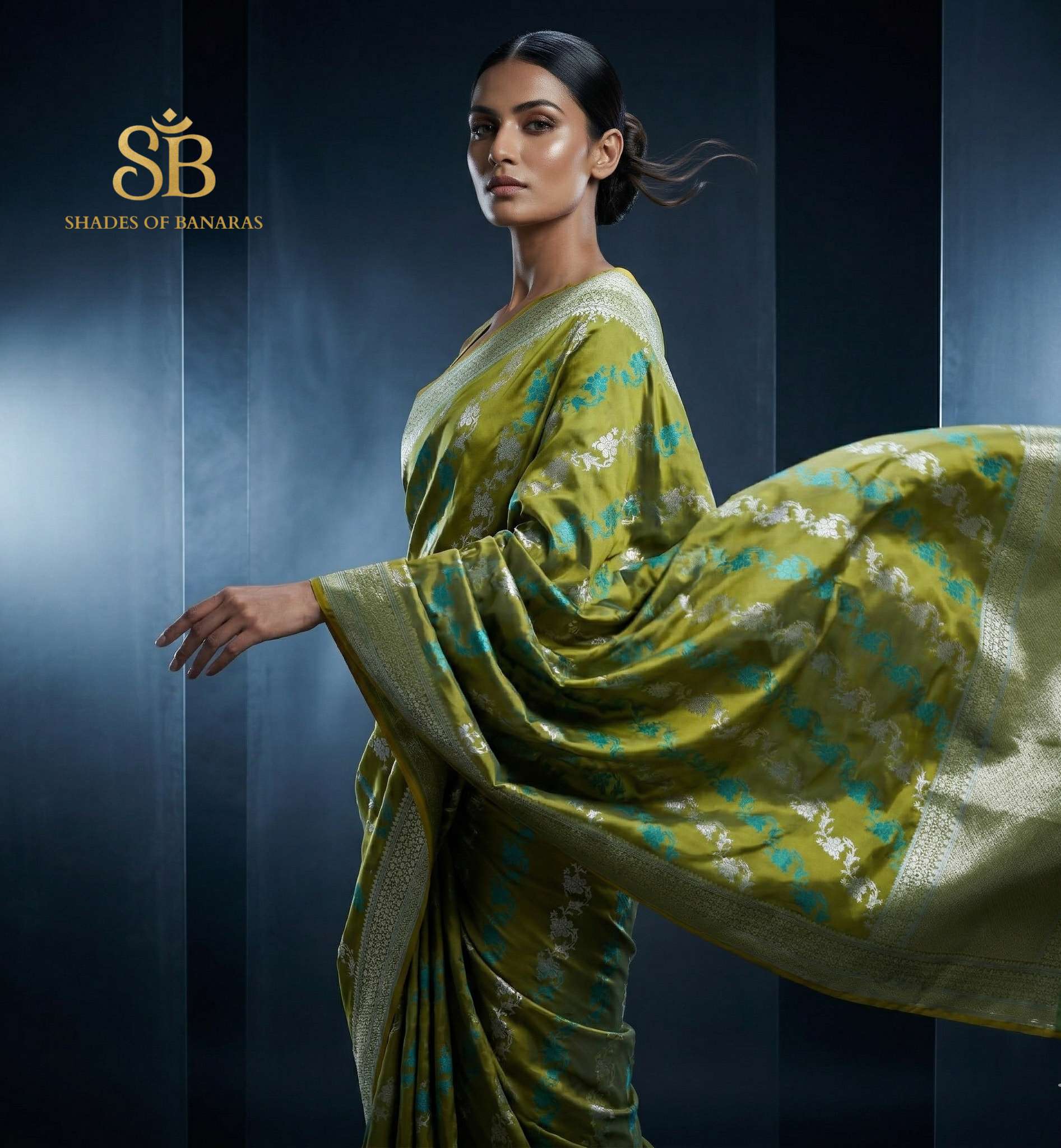 The Verdant Luxe: Emerald Striped Pure Satin Silk Banarasi Saree by Shades Of Banaras - banarasi - banarasi saree shop - banarasi saree manufacturers - banarasi saree wholesale - banaraasi sarees - banarasi sari - banarasi saris - silk saree - silk sari - wedding saree - wedding sari - designer sari - wedding collection - gifting
