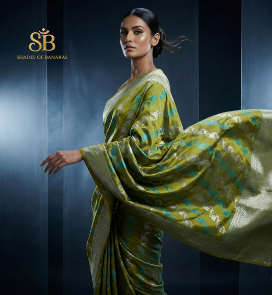 The Verdant Luxe: Emerald Striped Pure Satin Silk Banarasi Saree by Shades Of Banaras - banarasi - banarasi saree shop - banarasi saree manufacturers - banarasi saree wholesale - banaraasi sarees - banarasi sari - banarasi saris - silk saree - silk sari - wedding saree - wedding sari - designer sari - wedding collection - gifting