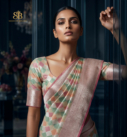 Mint Green & Pink Handwoven Kora Kota Luxe Banarasi Saree