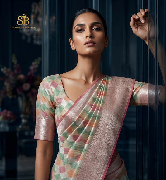 Mint Green & Pink Handwoven Kora Kota Luxe Banarasi Saree