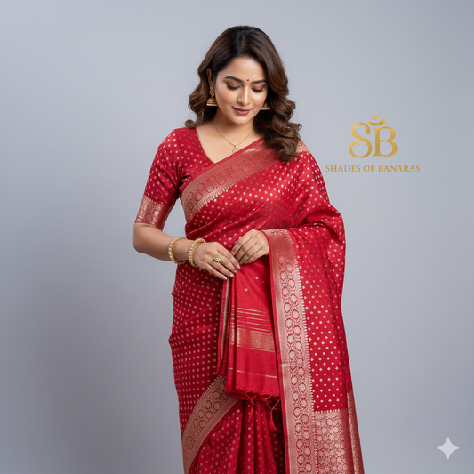 Captivating Banarasi: Red Pure Cotton Silk Saree with Silver Zari by Shades Of Banaras - banarasi - banarasi saree shop - banarasi saree manufacturers - banarasi saree wholesale - banaraasi sarees