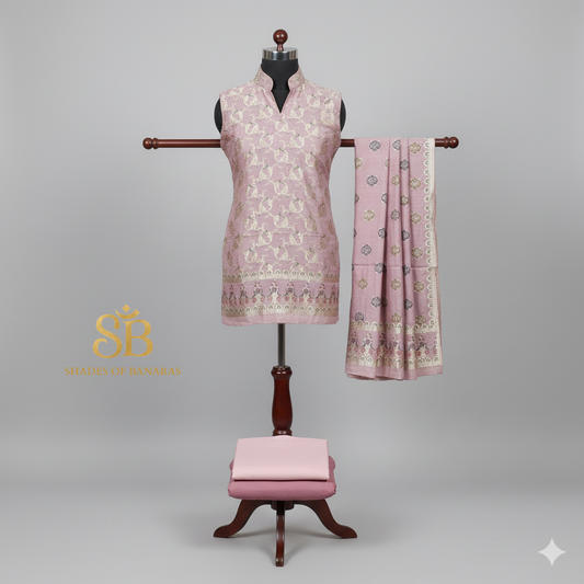 Light Pink Pure Banarasi Moonga Silk Handloom Shikargah 3-Piece Suit Set by Shades Of Banaras - banarasi - banarasi saree shop - banarasi saree manufacturers - banarasi saree wholesale - banaraasi sarees