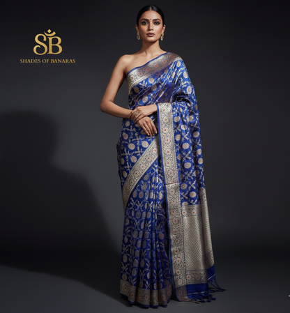 Royal Blue Minakari Jaal Couture Banarasi Saree – Pure Silk Luxe by Shades Of Banaras - banarasi - banarasi saree shop - banarasi saree manufacturers - banarasi saree wholesale - banaraasi sarees - banarasi sari - banarasi saris