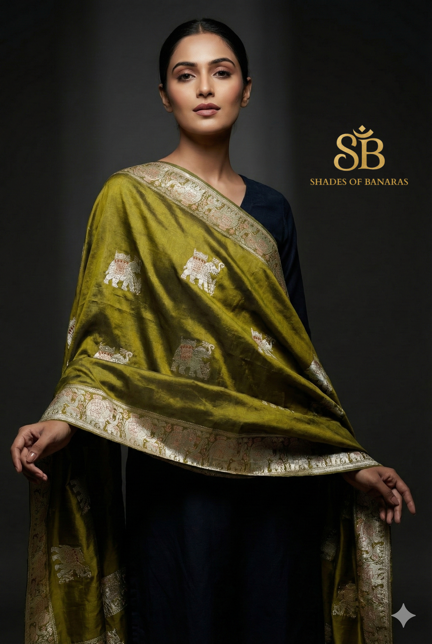 Mughal Mehendi – Pure Silk Banarasi Luxury Scarf (Kadhwa Elephant Motif) by Shades Of Banaras - banarasi - banarasi saree shop - banarasi saree manufacturers - banarasi saree wholesale - banaraasi sarees