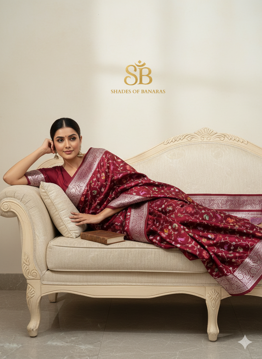 Opulent Maroon Pure Satin Silk Saree with Shikargah Jaal by Shades Of Banaras - banarasi - banarasi saree shop - banarasi saree manufacturers - banarasi saree wholesale - banaraasi sarees