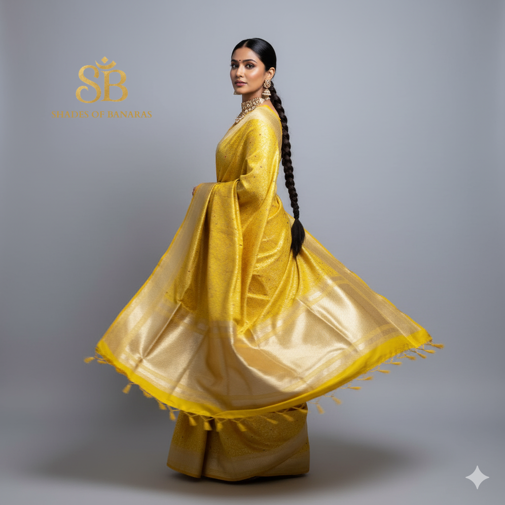 Golden Radiance — Yellow Pure Silk Banarasi Saree with All Over Patola Weave by Shades Of Banaras - banarasi - banarasi saree shop - banarasi saree manufacturers - banarasi saree wholesale - banaraasi sarees