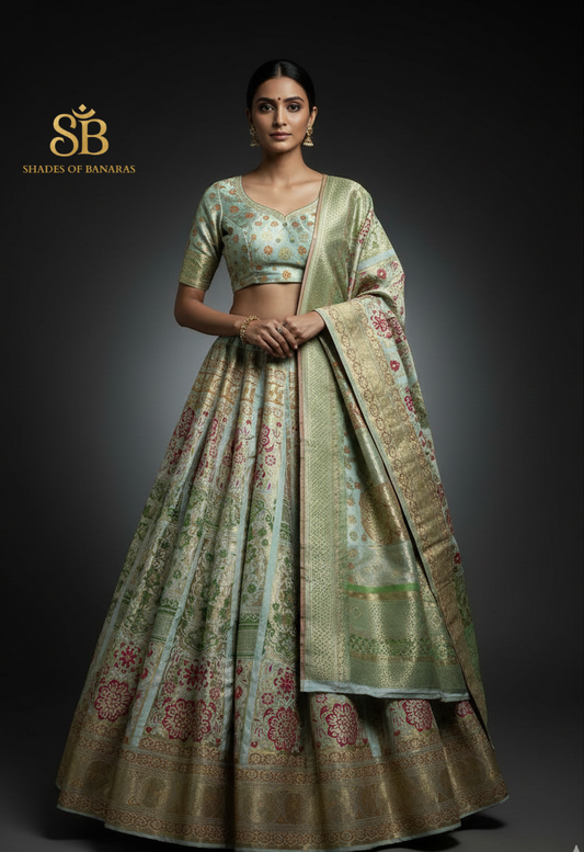 Mint Reverie Luxe Couture — Pastel Green Banarasi Silk Lehenga by Shades Of Banaras - banarasi - banarasi saree shop - banarasi saree manufacturers - banarasi saree wholesale - banaraasi sarees