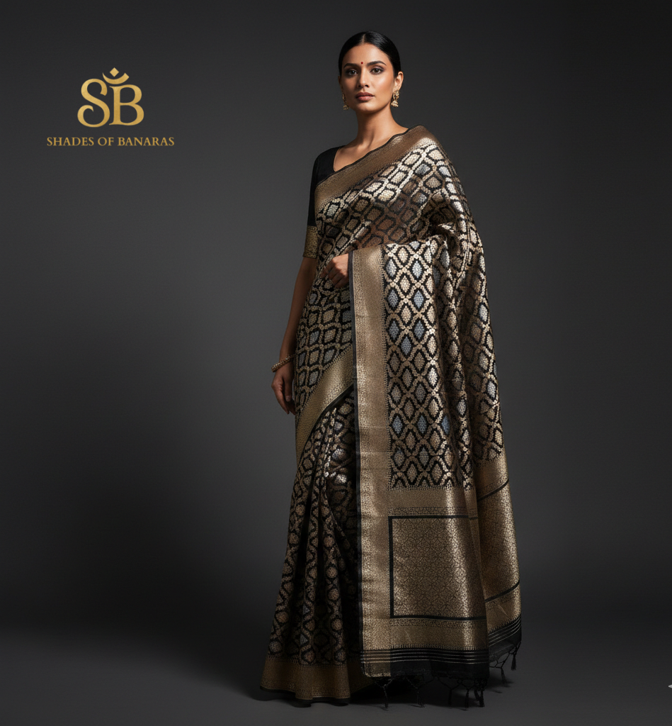 Midnight Sona Rupa Luxe Couture – Black Pure Silk Banarasi Saree by Shades Of Banaras - banarasi - banarasi saree shop - banarasi saree manufacturers - banarasi saree wholesale - banaraasi sarees - banarasi sari - banarasi saris