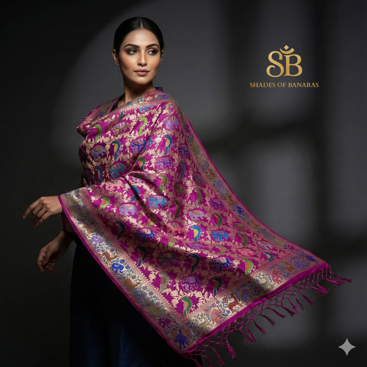 Rani Shikargaah Royale – Pure Silk Banarasi Luxury Scarf (All-over Kadhwa Weave) by Shades Of Banaras - banarasi - banarasi saree shop - banarasi saree manufacturers - banarasi saree wholesale - banaraasi sarees
