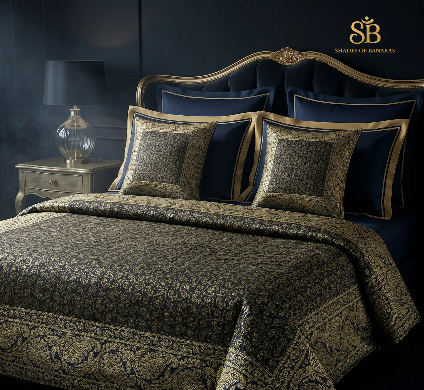 Slate Couture: Pure Dupion Silk Handloom Banarasi Bedcover Set