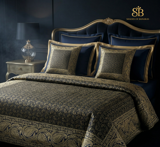 Slate Couture: Pure Dupion Silk Handloom Banarasi Bedcover Set