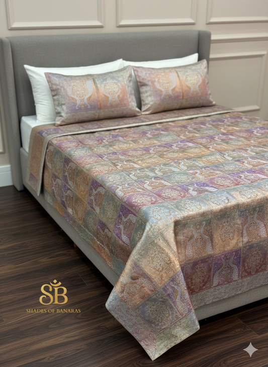 Heirloom Light Pink Multicolour Pure Brocade Banarasi Bedcover Set by Shades Of Banaras - banarasi - banarasi saree shop - banarasi saree manufacturers - banarasi saree wholesale - banaraasi sarees