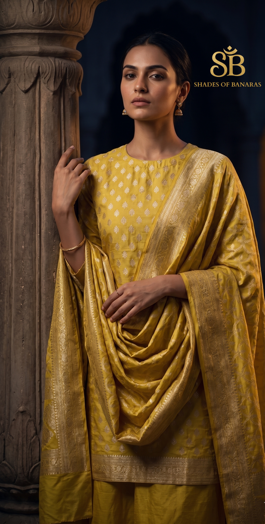 The Summer Heirloom: Pastel Yellow Pure Banarasi Silk Kadhua Jaal Suit Set