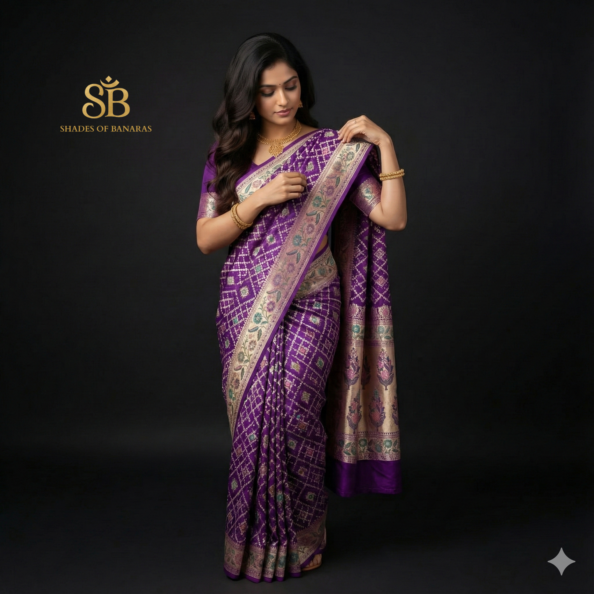 Neelambar Virasat — Purple Khaddi Georgette Bandhani Banarasi Saree by Shades Of Banaras - banarasi - banarasi saree shop - banarasi saree manufacturers - banarasi saree wholesale - banaraasi sarees