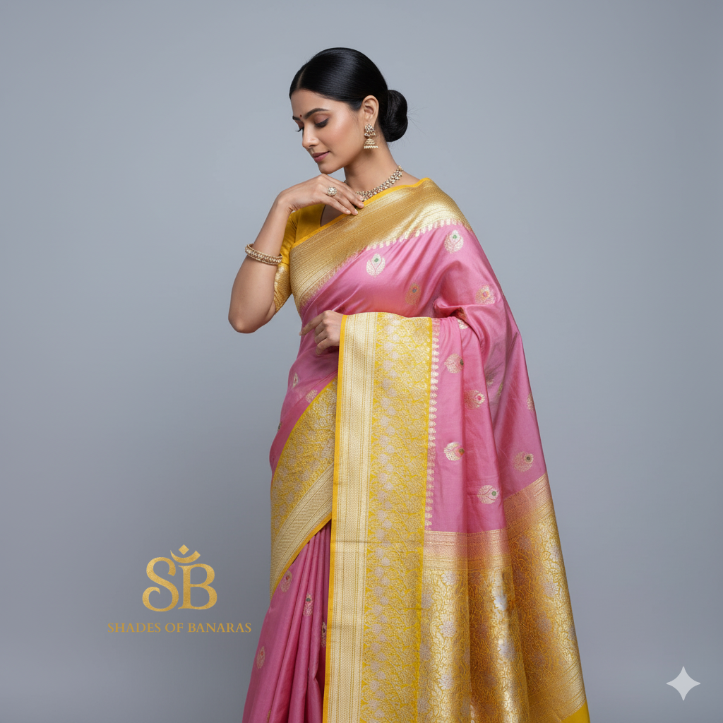 Gulabi Noor — Pink Pure Silk Banarasi Saree with Contrast Yellow Border & Kadhua Minakari Weave by Shades Of Banaras - banarasi - banarasi saree shop - banarasi saree manufacturers - banarasi saree wholesale - banaraasi sarees