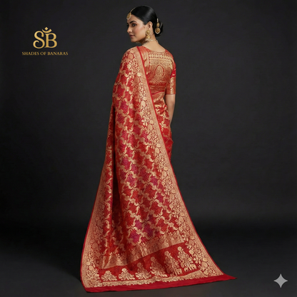 The Royal Rangkaat: Red & Pink Khaddi Georgette Bandhani Banarasi Saree by Shades Of Banaras - banarasi - banarasi saree shop - banarasi saree manufacturers - banarasi saree wholesale - banaraasi sarees