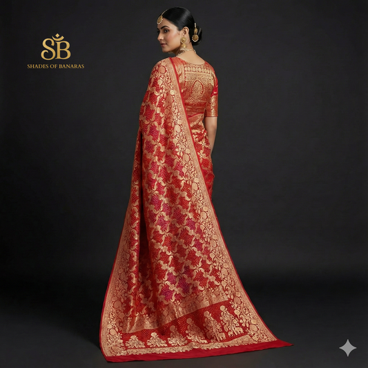 The Royal Rangkaat: Red & Pink Khaddi Georgette Bandhani Banarasi Saree by Shades Of Banaras - banarasi - banarasi saree shop - banarasi saree manufacturers - banarasi saree wholesale - banaraasi sarees