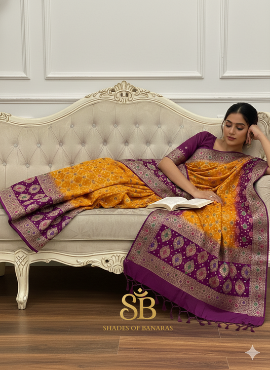 Sunlit Yellow & Pink Pure Chiffon Handloom Bandhani Saree | Banarasi Elegance by Shades Of Banaras - banarasi - banarasi saree shop - banarasi saree manufacturers - banarasi saree wholesale - banaraasi sarees
