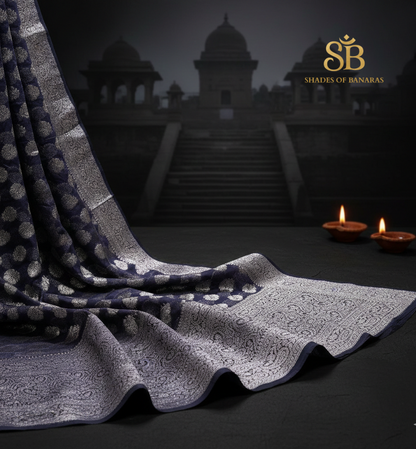 Midnight Navy Cotton Organza Handloom Saree with Gold Zari Butis by Shades Of Banaras - banarasi - banarasi saree shop - banarasi saree manufacturers - banarasi saree wholesale - banaraasi sarees - banarasi sari - banarasi saris