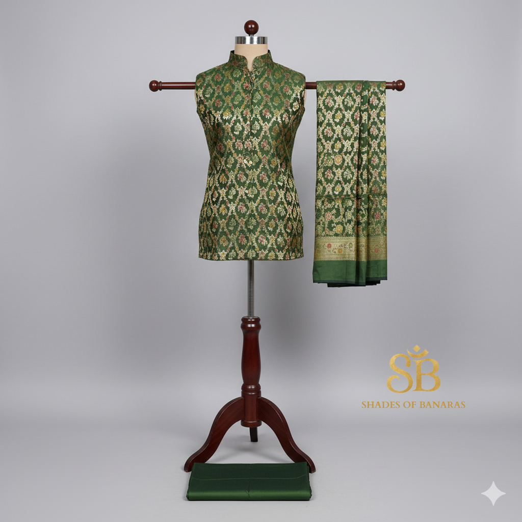 Emerald Minakari Banarasi Katan Soft Silk 3 Piece Handloom Suit Set by Shades Of Banaras - banarasi - banarasi saree shop - banarasi saree manufacturers - banarasi saree wholesale - banaraasi sarees