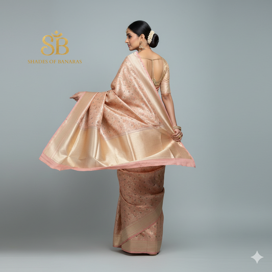 Blush Patola Charm — Peachish Pink Pure Silk Banarasi Saree with All Over Patola Weave by Shades Of Banaras - banarasi - banarasi saree shop - banarasi saree manufacturers - banarasi saree wholesale - banaraasi sarees