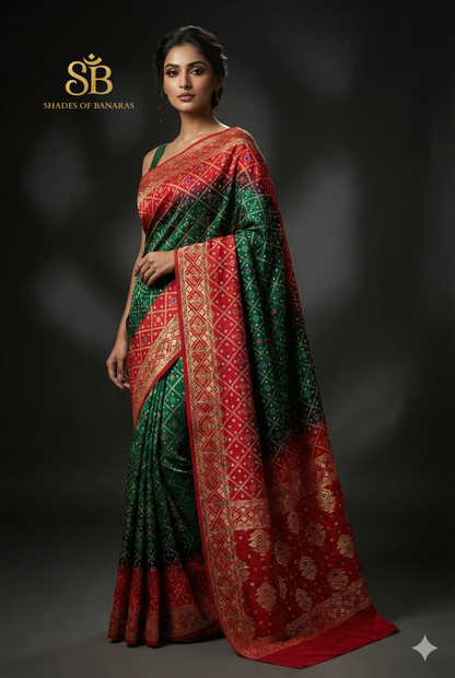 Dark Green & Red Pure Georgette Bandhani Banarasi Saree with Minakari Weaving