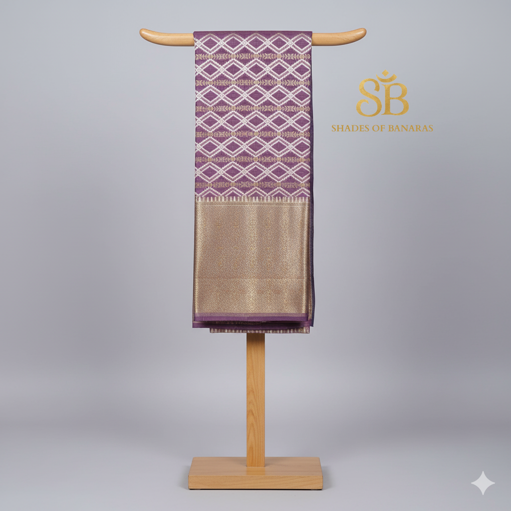 Royal Whisper — Purple Pure Cotton Kota Check Banarasi Saree with Brocade Blouse by Shades Of Banaras - banarasi - banarasi saree shop - banarasi saree manufacturers - banarasi saree wholesale - banaraasi sarees