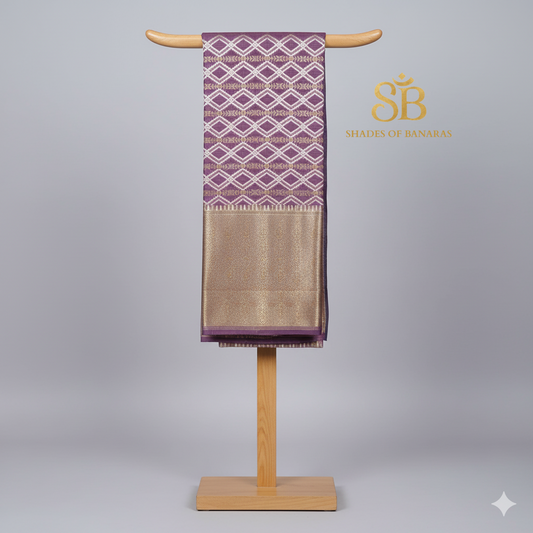 Royal Whisper — Purple Pure Cotton Kota Check Banarasi Saree with Brocade Blouse by Shades Of Banaras - banarasi - banarasi saree shop - banarasi saree manufacturers - banarasi saree wholesale - banaraasi sarees