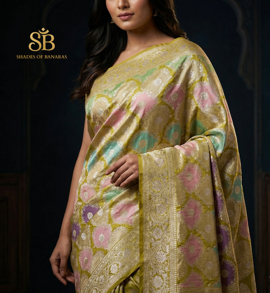 The Luxe Rangkaat Muse: Ultra-Premium Multicolor Pure Silk Banarasi Saree by Shades Of Banaras - banarasi - banarasi saree shop - banarasi saree manufacturers - banarasi saree wholesale - banaraasi sarees - banarasi sari - banarasi saris - silk saree - silk sari - wedding saree - wedding sari - designer sari - wedding collection - gifting