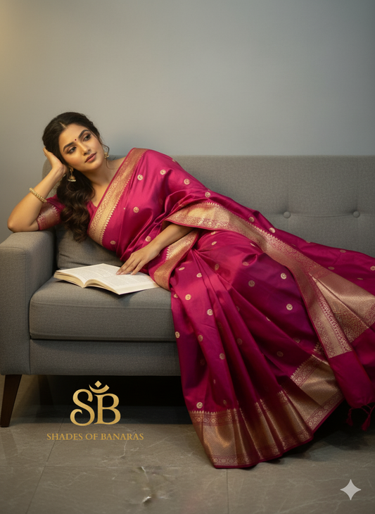 Royal Radiance – Rani Pink Pure Silk Handloom Banarasi Saree (Kadhwa Chaand Butis) by Shades Of Banaras - banarasi - banarasi saree shop - banarasi saree manufacturers - banarasi saree wholesale - banaraasi sarees