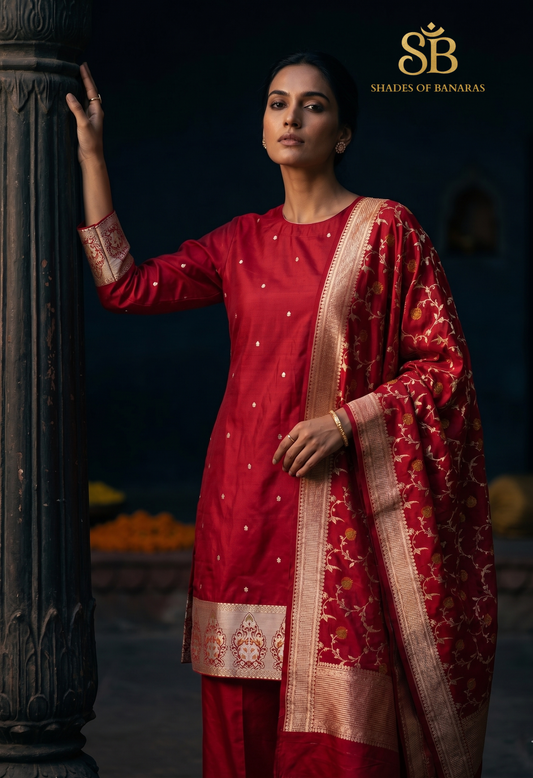 The Crimson Sovereign: Luxe Pure Banarasi Silk Kadhua Suit with Meenakari Artistry
