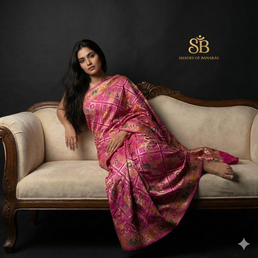 Gulnaar Virasat — Pink Khaddi Georgette Bandhani Banarasi Saree by Shades Of Banaras - banarasi - banarasi saree shop - banarasi saree manufacturers - banarasi saree wholesale - banaraasi sarees