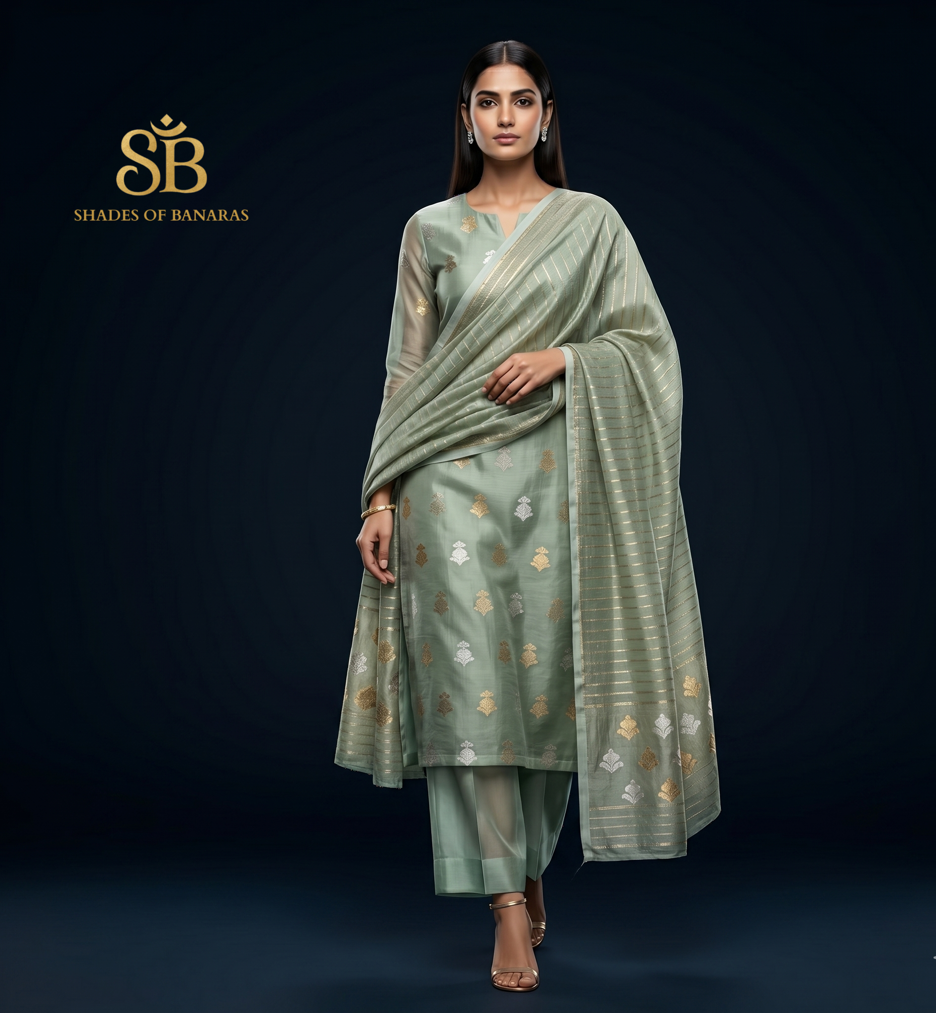 The Verdant Heirloom: Sea Green Banarasi Kadhua Couture Suit Set by Shades Of Banaras - banarasi - banarasi saree shop - banarasi saree manufacturers - banarasi saree wholesale - banaraasi sarees - banarasi sari - banarasi saris - silk saree - silk sari - wedding saree - wedding sari - designer sari - wedding collection - gifting
