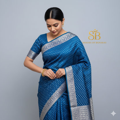 Celestial Banarasi: Blue Pure Cotton Silk Saree with Silver Zari by Shades Of Banaras - banarasi - banarasi saree shop - banarasi saree manufacturers - banarasi saree wholesale - banaraasi sarees