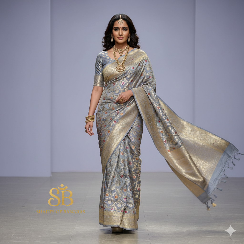 Captivating Drape: The Grey Pure Silk Banarasi Saree by Shades Of Banaras - banarasi - banarasi saree shop - banarasi saree manufacturers - banarasi saree wholesale - banaraasi sarees