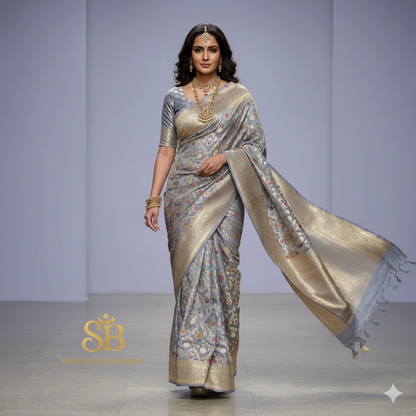 Captivating Drape: The Grey Pure Silk Banarasi Saree by Shades Of Banaras - banarasi - banarasi saree shop - banarasi saree manufacturers - banarasi saree wholesale - banaraasi sarees