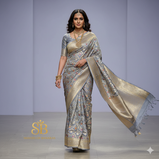 Captivating Drape: The Grey Pure Silk Banarasi Saree by Shades Of Banaras - banarasi - banarasi saree shop - banarasi saree manufacturers - banarasi saree wholesale - banaraasi sarees