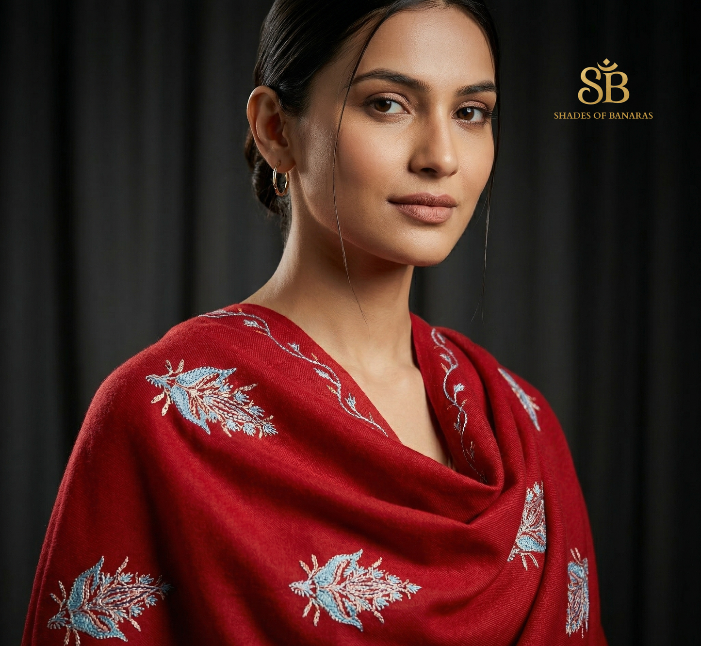 The Crimson Heritage: Hand-Embroidered Pure Luxe Pashmina Scarf by Shades Of Banaras - banarasi - banarasi saree shop - banarasi saree manufacturers - banarasi saree wholesale - banaraasi sarees - banarasi sari - banarasi saris - silk saree - silk sari - wedding saree - wedding sari - designer sari - wedding collection - gifting