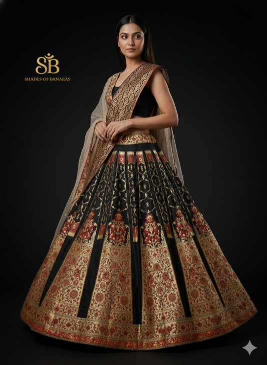 Obsidian Royale Luxe Couture — Black Banarasi Silk Lehenga by Shades Of Banaras - banarasi - banarasi saree shop - banarasi saree manufacturers - banarasi saree wholesale - banaraasi sarees